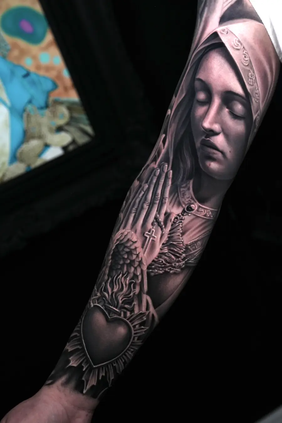 Mother · Detail — black & gray tattoo on full sleeve by Amed Cid, Miami